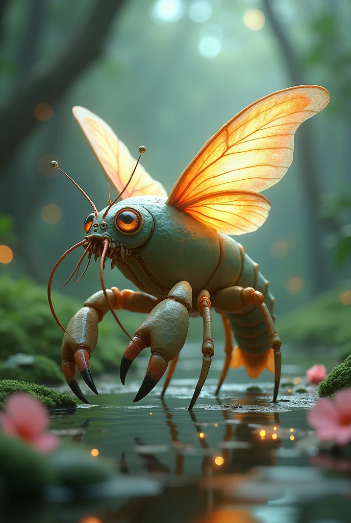 A crayfish with butterfly wings and a fairy look 