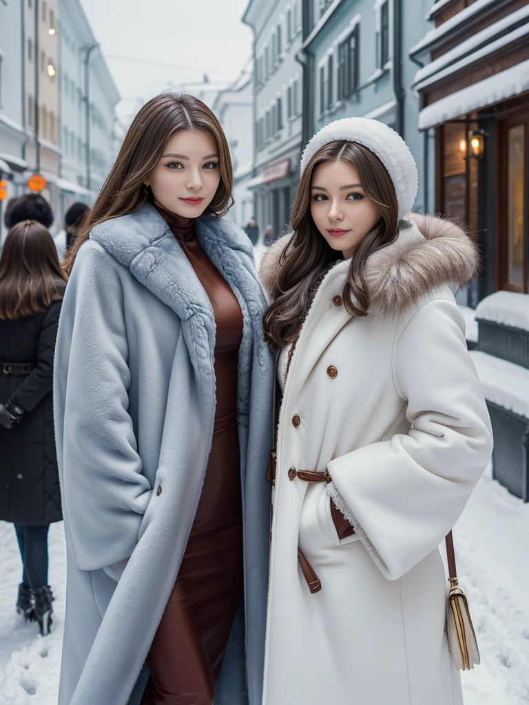 Winter street corner in Russia、snow、Women wearing luxurious furs。(((Typical Russian woman、Sexy pose))),fur cape、Looking at this、(((Staring at the photographer、Pair of women)))、Fur coat。