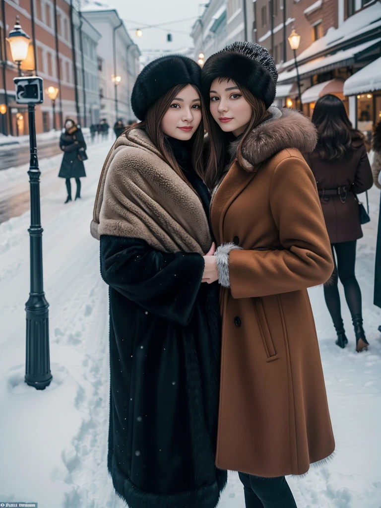 Winter street corner in Russia、snow、Women wearing luxurious furs。(((Typical Russian woman、Sexy pose))),fur cape、Looking at this、(((Staring at the photographer、Pair of women)))、Fur coat。