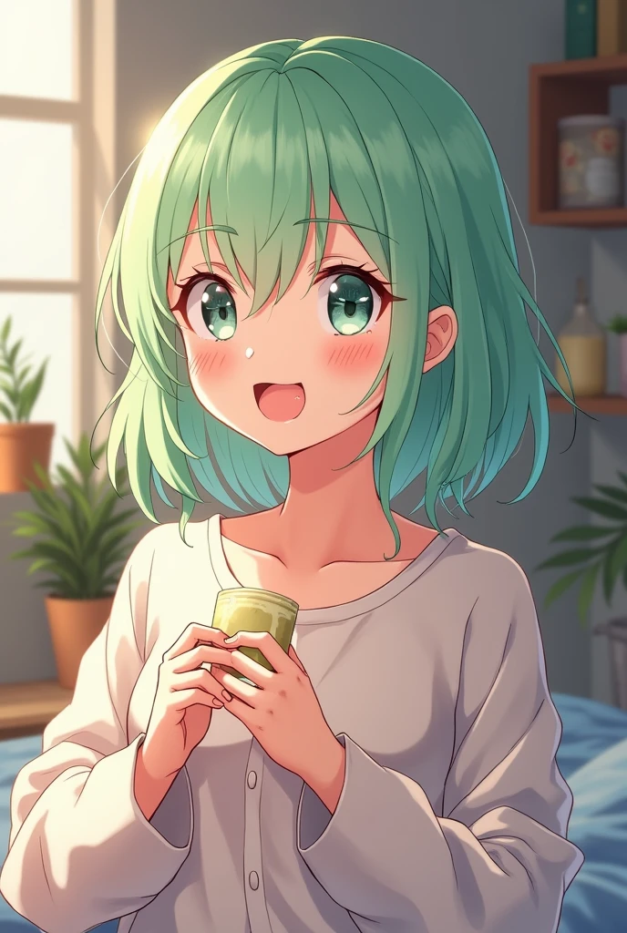 Create a 2d image of a cute anime girl smiling with light green hair doing ASMR 