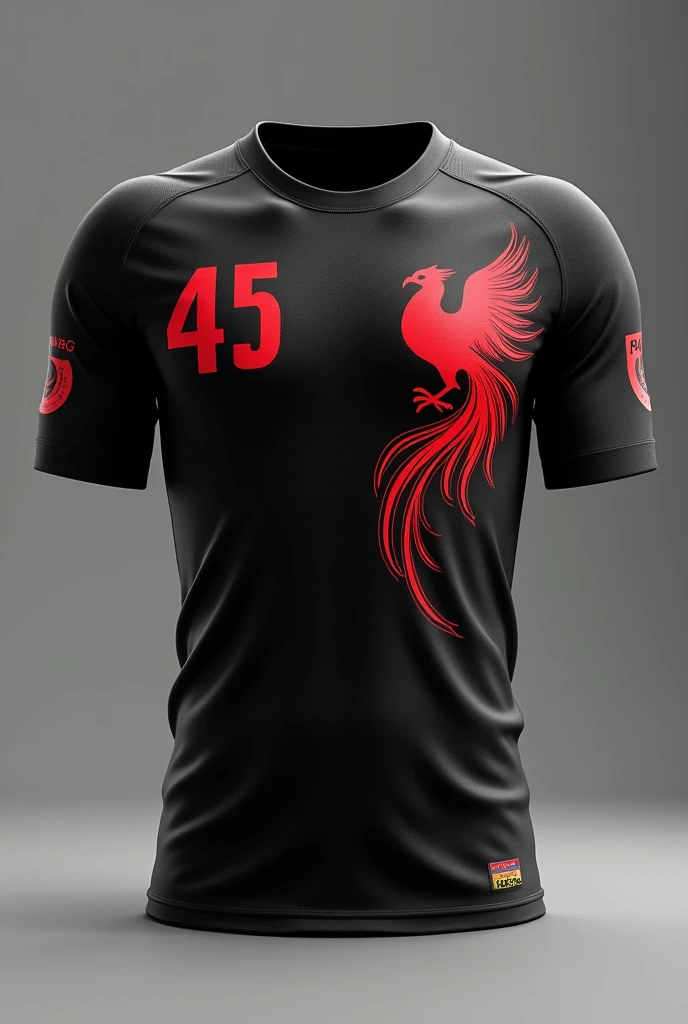 Create a 360 degree image with Black jersey with red colour small size
phoenix on the right chest and number 45 only on the back and IAG as brand sponsor on the left hand