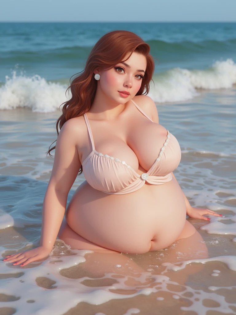 Girl sitting in sea water, she has big breasts, wide hips