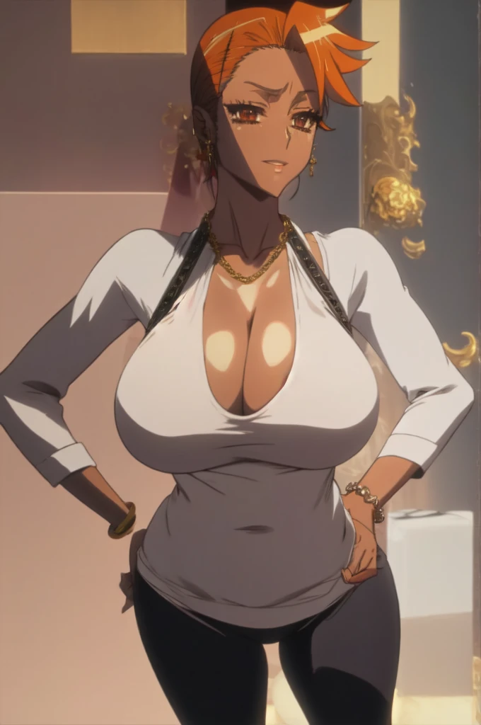 tall body, tall, long legs, mature female, mature, adult, eft_hotd_orange, 1girl, solo, ((orange hair)), brown eyes,Big breasts, enormous large breasts, big cleavage, ((tank top with cleavage and open navel)), (Tight lowrise yoga pants),Plump, Half eyes expression, Hoopa earring, ((silver chain tag necklace)), ((big Hoopa bracelet)), Long nail, eyeshadow,Sweat, (earPierce), Rei miyamoto,Perfect face,detailed face,eyes on viewer,Golden ring,Standing,,Gloss lips,Horny,Half eyes open,Soft expression,Wide hips,big hoops Earring,Soft expression,Curvy figure,Many gold rings,gold rings,Tatto, Solo,Wide hips,Swaying hips,Standing pose,Oversize breast,Lipstic,Professional make up,Eyeshadow,Tight tights,Detailed face,untidy apartment room,Detailed hand,fullbody,High quality pitcure,day,enchanced big breast,tight thights,multi layered Gold chain necklace,Light blush,Blacked women,Black colored tattoo,Smile,gaze on viewer,long slicked hair,long Slicked back bang hair,1hand in hips,swaying hips,((In love expression)),((Submissive expression))