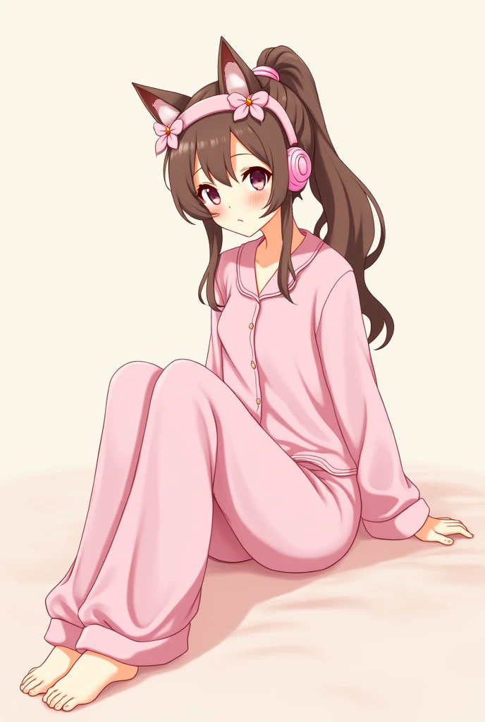 Anime girl with long brown hair tied in the back wearing pink cat headphones with flower headband in pink pajamas long pants long sleeves buttoned