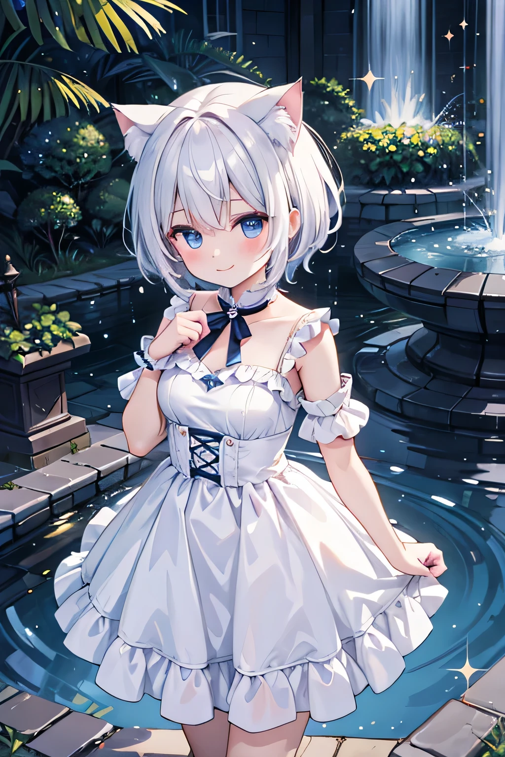 super fine illustration, masterpiece,super detailed,best quality, 8k,cat girl,white short hair,blue eyes,white dress,perfect hands,perfect face,perfect fingers,BREAK she playing in a fountain,BREAK the water splashes are sparkling (sparkle: 1.5).detailed background,beautiful background, BREAK little smile