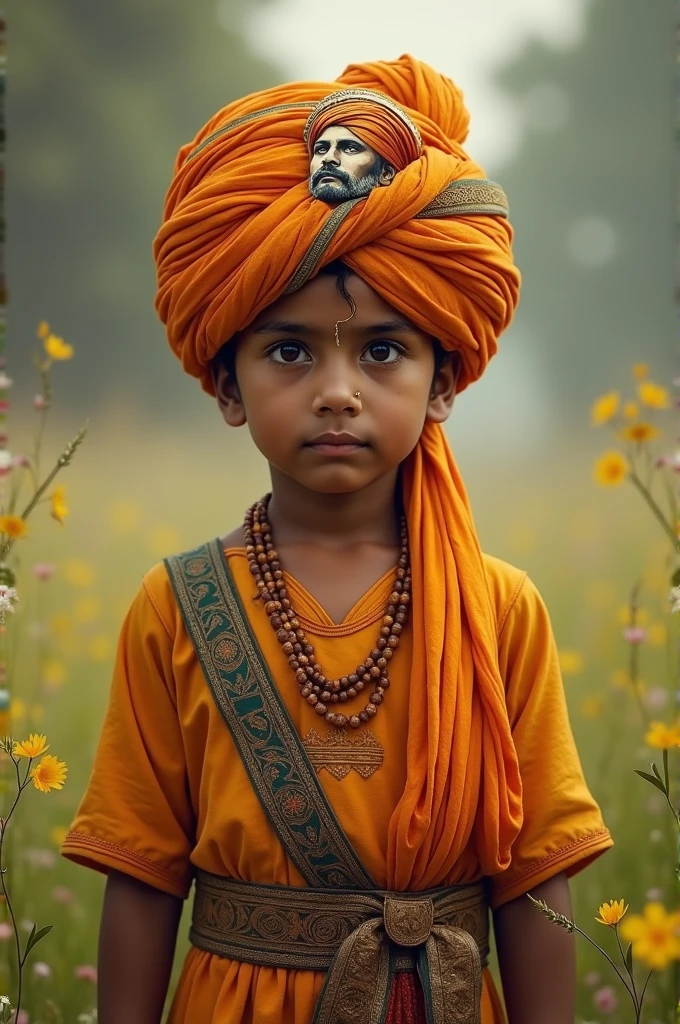 A boy wearing a saffron turban with a picture of Maharana Pratap is standing in front