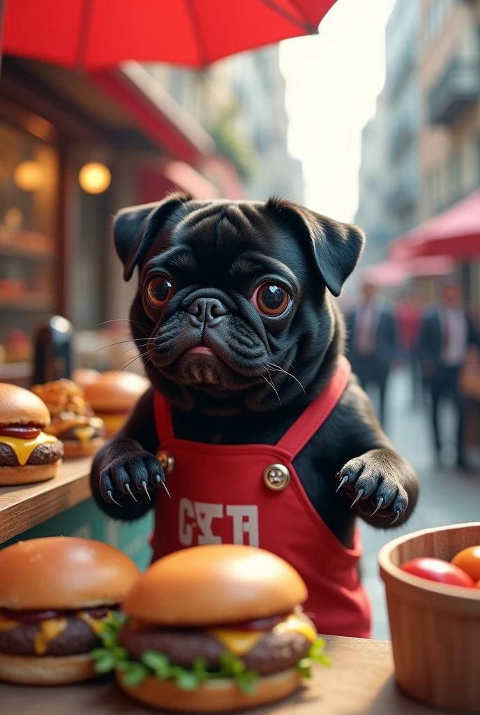Black pug with a white spot selling hamburgers next to a chubby