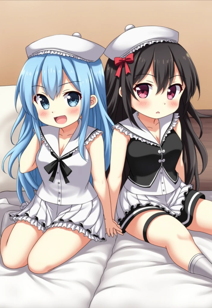 , Two  girls, High school student, one blue hair white stockings, one gray hair black stockings, half thighs, face, shy cat ears, JK uniform, in white bed, feet