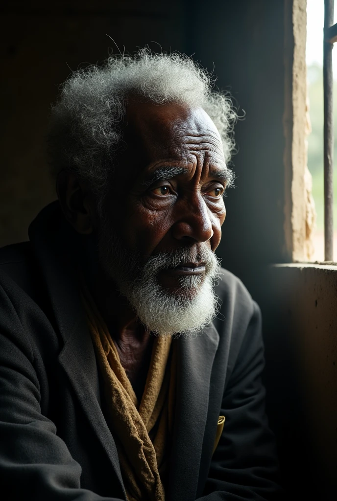 an older black Ngungunhane gazes through a small window. The moonlight illuminates his face, highlighting the passage of time and his connection to his homeland.
