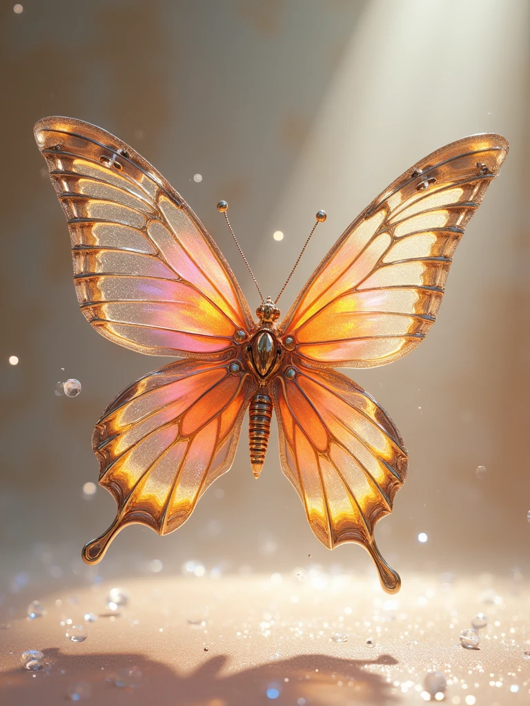 Studio shot,Mechanical Swallowtail Butterfly,Wings glow with rainbow colors,Natural light,Light base and crystal particles,Rendering,Cinema 4D style,Dreamy and romantic,Ray Tracing,Light gold and silver,Brandon Werfel,Delicate Materials,Ethereal and dreamy,Luminescence,Translucent color,Lavender and pale gold,Crystal Butterfly,??????? of mechanical parts,Made of carbon,cable,Background is beige gradient,辛烷Rendering,Unreal Engine 5,Volumetric Lighting,Diffuse lighting,8k,Ultra Detailed,HDR