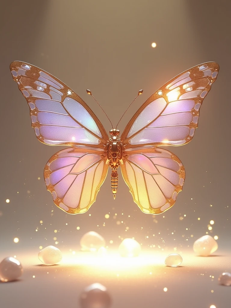 Studio shot，Mechanical Swallowtail Butterfly，Wings glow with rainbow colors，Natural light，Light base and crystal particles，Rendering，Cinema 4D style，Dreamy and romantic，Ray Tracing，Light gold and silver，Brandon Werfel，Delicate Materials，Ethereal and dreamy，Luminescence，Translucent color，Lavender and pale gold，Crystal Butterfly，Anatomy of mechanical parts，Made of carbon，cable，Background is beige gradient，辛烷Rendering，Unreal Engine 5，Volumetric Lighting，Diffuse lighting，8k，Ultra Detailed，HDR