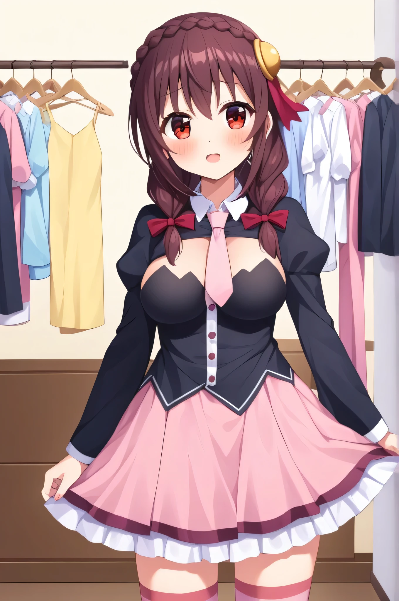 alone, One person, Yunyun, (I am choosing seriously)、 (blush:1.2)、Crown braids of the same color as your hair, Red Eyes、hair ornaments, Hair Ribbon, Pink tie, Black long sleeve, Pink Skirt, Knee socks, Cleavage,、A clothing store with one-piece dresses lined up