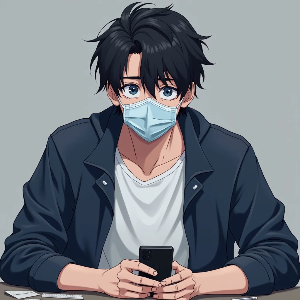 One person,Handsome,Black Hair, blue eyes, White T-shirt,Navy blue jacket,smartphone,computer,mask,anime風,An illustration,Drooping eyes,Illness,night,Streamer asymmetrical hairstyle, seems kind,Confused eyes,maskで鼻を隠す,Droopy eyes,Ruler,internet,Simple Background,cute,anime
