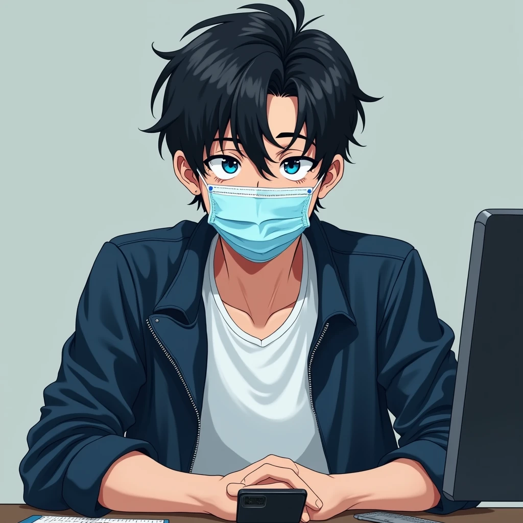 One person,Handsome,Black Hair, blue eyes, White T-shirt,Navy blue jacket,smartphone,computer,mask,anime風,An illustration,Drooping eyes,Illness,night,Streamer asymmetrical hairstyle, seems kind,Confused eyes,maskで鼻を隠す,Droopy eyes,Ruler,internet,Simple Background,cute,anime