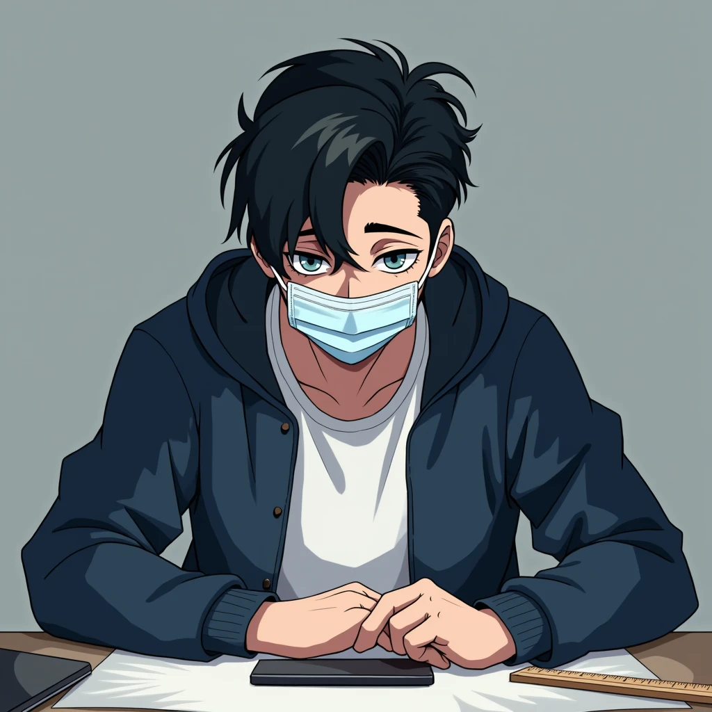 One person,Handsome,Black Hair, blue eyes, White T-shirt,Navy blue jacket,smartphone,computer,mask,anime風,An illustration,Drooping eyes,Illness,night,Streamer asymmetrical hairstyle, seems kind,Confused eyes,maskで鼻を隠す,Droopy eyes,Ruler,internet,Simple Background,cute,anime
