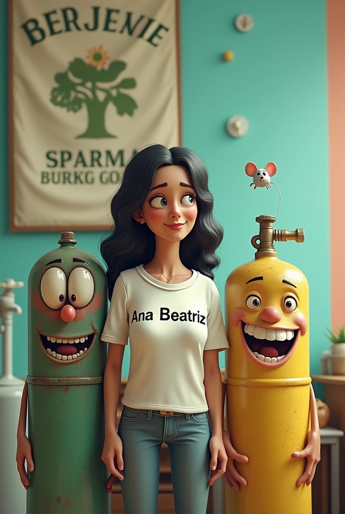 a gas cylinder next to a gallon of water sold in Brazil ,both smiling with a banner saying “Brejinho RN” is a white woman with slightly curly hair,long and black with a blouse that says “ana beatriz” and the mouse is light