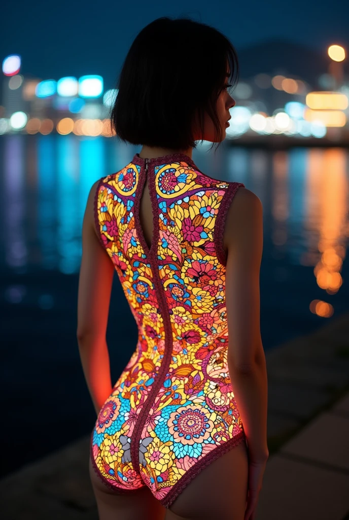 (masterpiece, Highest quality), 8k,(((Very detailed))), Race:1.8, Super intricate Race pattern, colorful Race pattern, Glowing stained glass transparent body, Mandala,light up, 1 female, Open Back, , Japanese, Fair skin, Photo of Lee Jae,, sultry body with セクシー belly, Sexy girl, Young sensual elegance, Sexy body, Sexy look, Very Short Hair、Shooting at a port with a beautiful night view、 Intelligent face、Narrow waist、Large Breasts、Smile a little、EOS 50mm F2, Blur the background、Lighting the face、whole body, naked, tattoo, Looking into the distance, Walking,