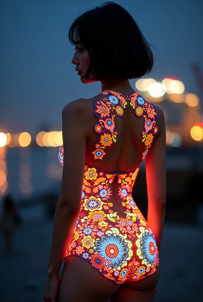 (masterpiece, Highest quality), 8k,(((Very detailed))), Race:1.8, Super intricate Race pattern, colorful Race pattern, Glowing stained glass transparent body, Mandala,light up, 1 female, Open Back, , Japanese, Fair skin, Photo of Lee Jae,, sultry body with セクシー belly, Sexy girl, Young sensual elegance, Sexy body, Sexy look, Very Short Hair、Shooting at a port with a beautiful night view、 Intelligent face、Narrow waist、Large Breasts、Smile a little、EOS 50mm F2, Blur the background、Lighting the face、whole body, naked, tattoo, Looking into the distance, Walking,