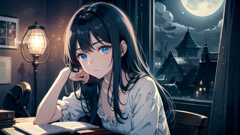 Create an illustration of black hair and blue eyes, sitting in a chair in front of a desk, Sentimental, Introspective look。, The moonlight gently shines into the room, Gently illuminate the space, Curtains sway in the wind, Increase tranquility, Dark mood, Emphasise the theme of loneliness, silence, And the depths of night, The room is dark、dimly lit by the moonlight