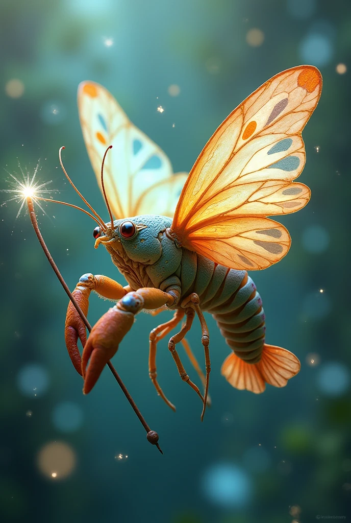 A crayfish with butterfly wings with a fairy look and a magic wand