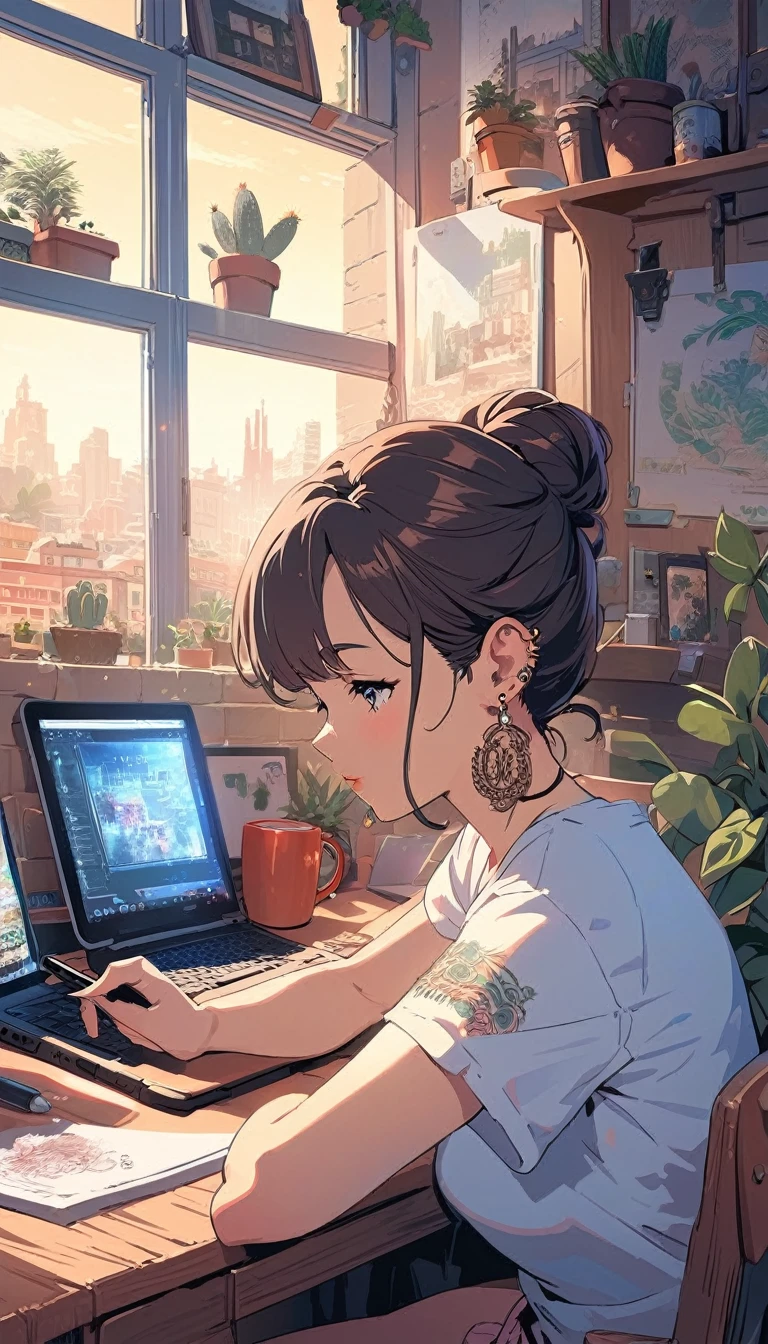 (extremely detailed CG unity 8k wallpaper), (best quality), (best illustration), (best shadow), realistic lighting, beautiful detailed reglow, masterpiece, best quality, lofi artstyle, lofi art, city, town, 80s anime style, Retro, Lo-Fi, 1girl, arm tattoo, black hair, brown hair, cactus, coffee mug, computer, cup, drawing, drawing tablet, ear piercing, earrings, from side, hair bun,  indoors, jewelry, laptop, mug, piercing, plant, potted plant, shirt, short sleeves, single hair bun, sitting, solo, stylus, sunlight, t-shirt, table, tattoo, white shirt, window, use headphone, headphone