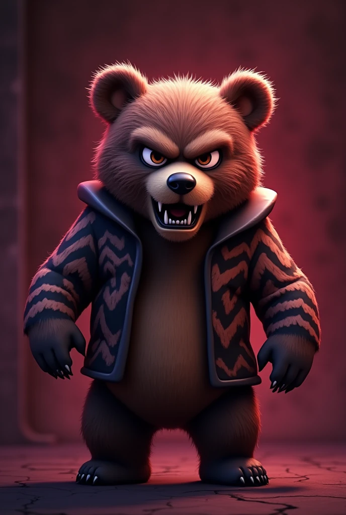 Theme: angry gangster bear with different patterned fur and animated like an nft
Background: wine with a touch of dark red