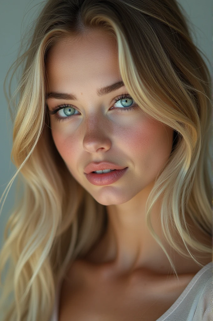 A 20 year old girl (highly detailed women face)) long, blonde hair and (beautiful detailled light blue eyes.2)(smile mouth:1.2), some facial imperfections, ultra detailed, beautiful girl, real human wet skin, striking features, beautiful, intri details, tension, contrast, (texture:11) (realism:1.1)