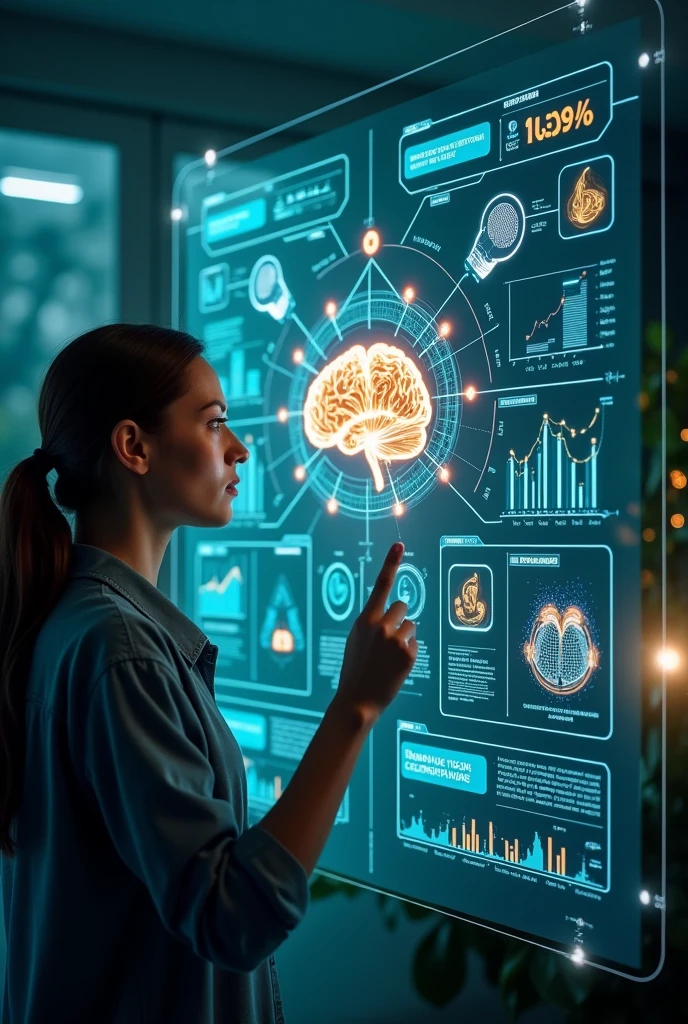  Create a highly detailed and futuristic medical interface, resembling a holographic or transparent touchscreen display. The interface should prominently feature an AI-powered dashboard that analyzes and predicts mental health trends for a user. Include elements like:
	•	Brain Visualization: Display a 3D, rotating brain model at the center of the interface, with different regions lighting up or pulsing to indicate various mental states or emotions. Use glowing neural pathways connecting to a central AI hub that processes the data.
	•	Data Analytics: Surround the brain model with dynamic charts, graphs, and predictive models that show trends in mood swings, anxiety levels, or stress indicators over time. These analytics could appear as line graphs, bar charts, or even complex data webs, all feeding into the AI hub.
	•	AI Insights: Add floating text boxes or pop-up notifications that show AI-generated insights, such as “High risk of anxiety in 3 days” or “Mood improvement expected after exercise.” The AI hub could be depicted analyzing these predictions in real-time, with pulsating lights or data streams feeding into it.
	•	User Interaction: Include a user interface element where the person can interact with the data—such as sliding panels, toggling between different mental health metrics, or customizing their predictive analysis. The user’s hand or a pointer could be shown adjusting the settings or reviewing the insights.
	•	Ambient Environment: Set the scene in a calming, modern environment, like a high-tech wellness center or a serene home office, with the person engaged with the display. Include subtle background elements like a window showing a peaceful landscape or indoor plants to contrast the high-tech interface with a sense of tranquility.
	•	Color Palette: Use a sleek, modern palette with deep blues, neon greens, and silvers to evoke a sense of advanced technology. Incorporate gradients and glowing effects to make the interface appear holographic or ethereal