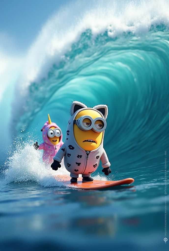 Un minion deguisé en chat avec un pyjama chat qui surf sur une enorme vague avec une vrai planche de surf  et a coté un minion qui surf aussi la vague avec une planche de surf différente de celle du chat, le minion est déguisé en combi pyjama licorne , 