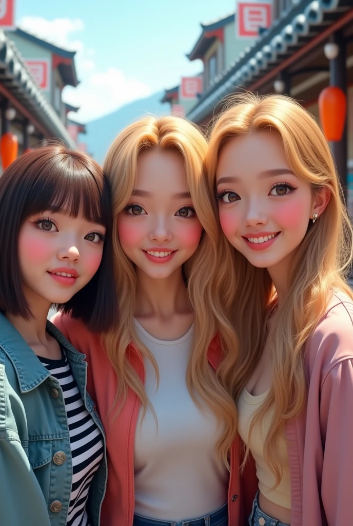 Make three girls: a brunette with short hair and black eyes. A blonde with long hair and brown eyes. She is a long blonde with brown eyes.. the three of them are posing as if they were in a vlog and they are in South Korea.