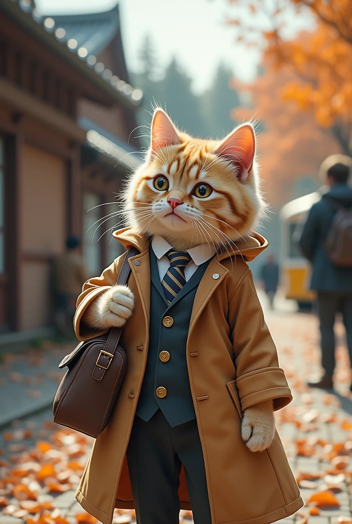 35mm lens,Cat,Standing,Doll,Carrying a small school bag,Japanese style,Tram,Hokkaido,Autumn Station,Wooden house,Platform, cloak,Ruan Jia,Suit,tie,花Cat,Stupid Dog,Muscular male Cat, (Delicate face), (Fine fluffy fur)