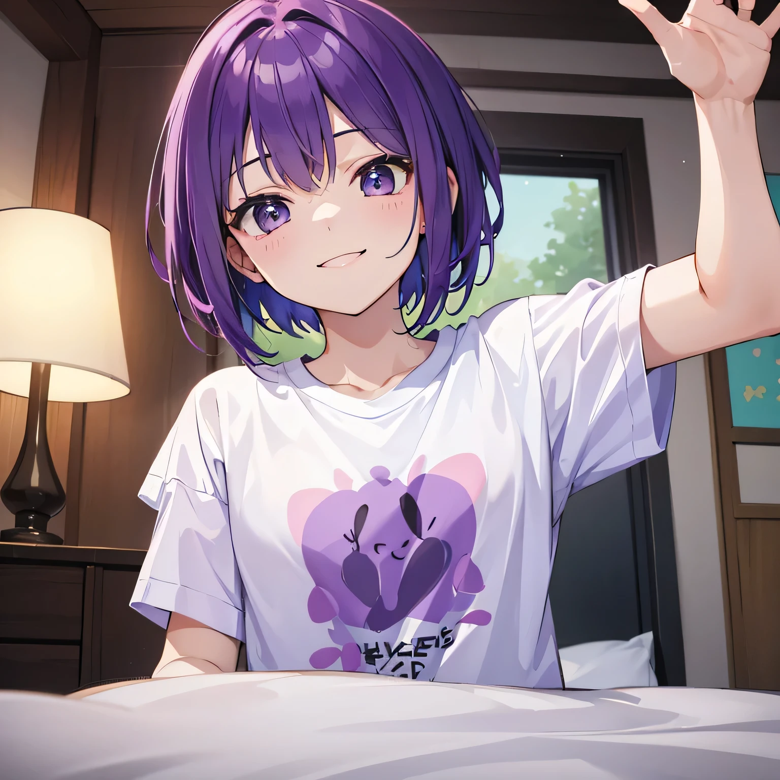 (T Masterpiece,4K wallpaper,Best Quality))、((1people))、(solo)、Bright and Brilliant,(Purple Hair)、(short hair:1.3)、smile、Bedroom、T-Shirts、morning