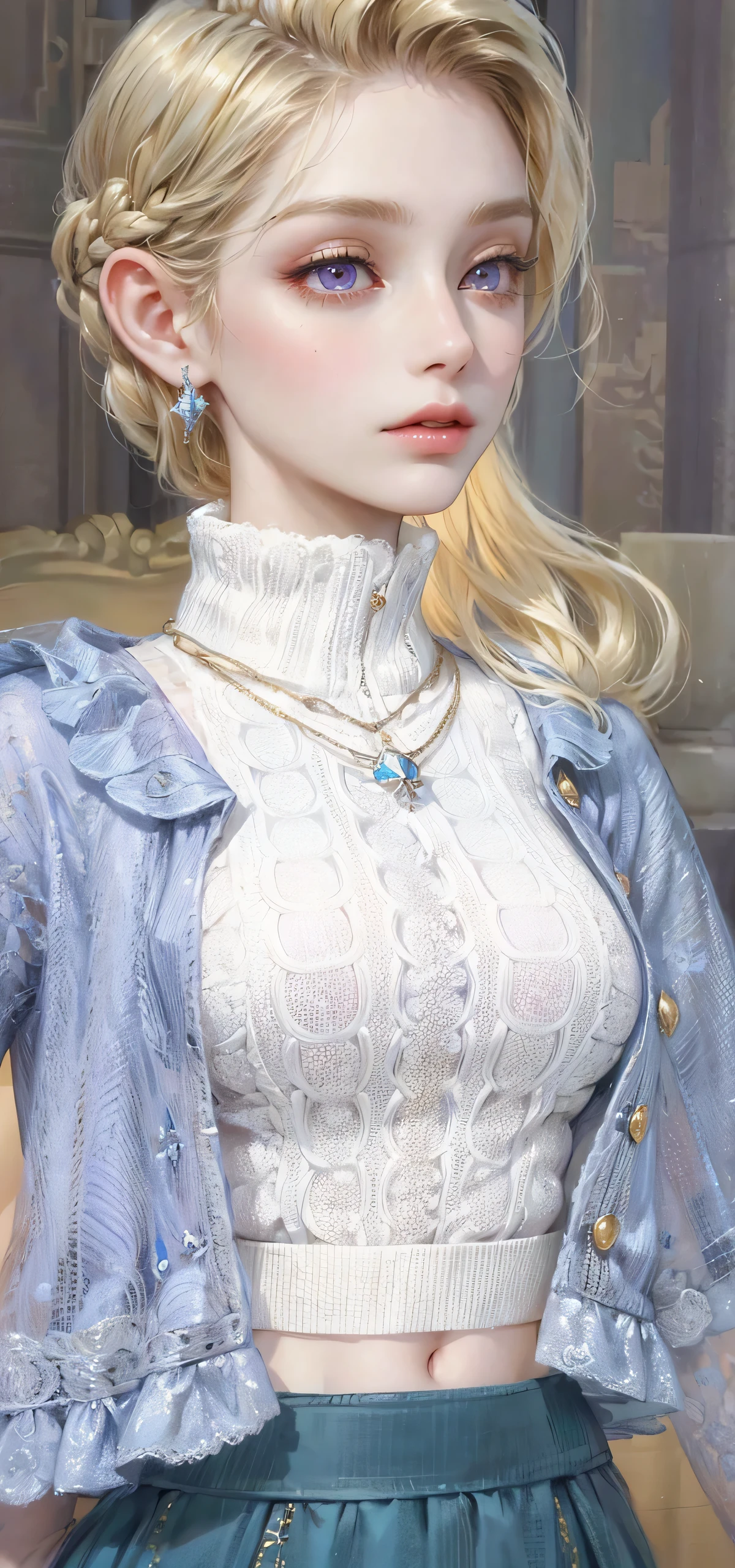 (masterpiece, top quality, best quality, official art, enchanting and aesthetic:1.2), 1female, golden blond hair, royal braided hair, violet eyes, diamond and gold jewelry, high quality details, 4k eyes, blond hair, beautiful hair, long hair, siren eyes, cold expression