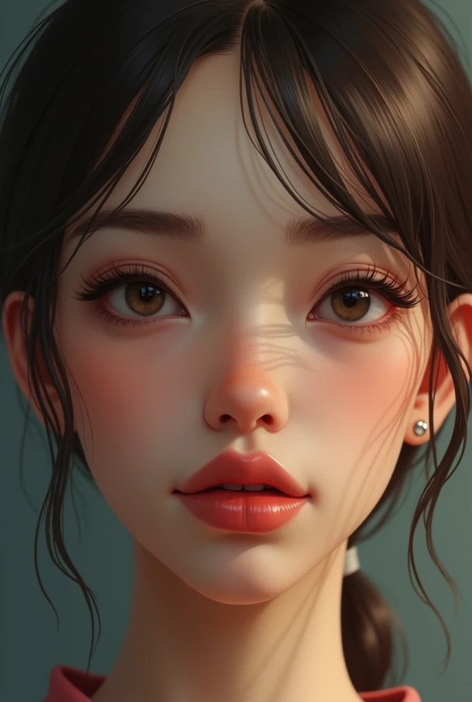 A woman have a small round face, straight eyebrow, flat nose and have a big heart shape lips