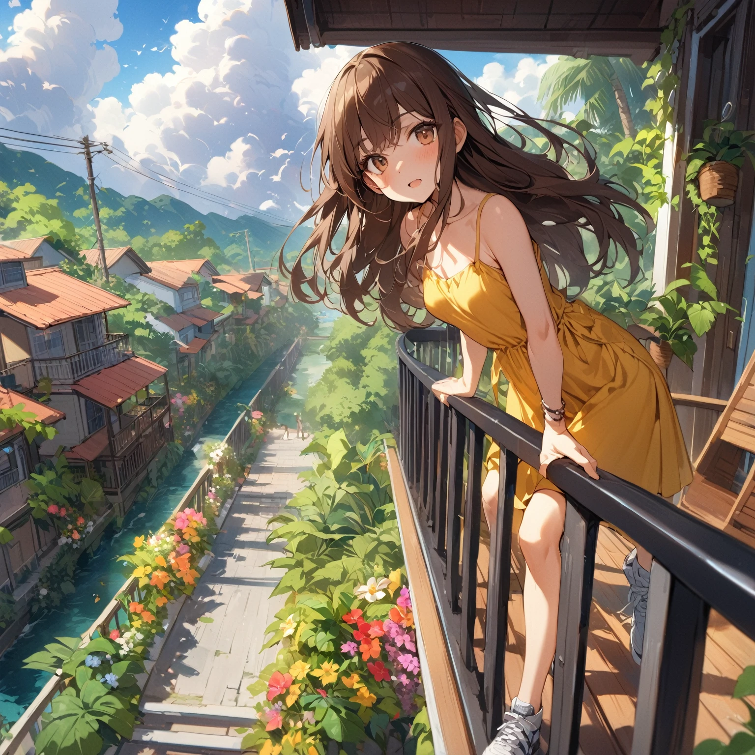 Best quality, masterpiece, hands on railing, leaning forward, porch awning, from above, balcony, railing, very long hair, brown hair, swept bangs, brown eyes, spaghetti strap yellow sundress, sneakers, toned arms, small breasts,tropical plants, neighborhood, flowers, fence, trees, river, thunderhead clouds, colorful flowers, people in background,