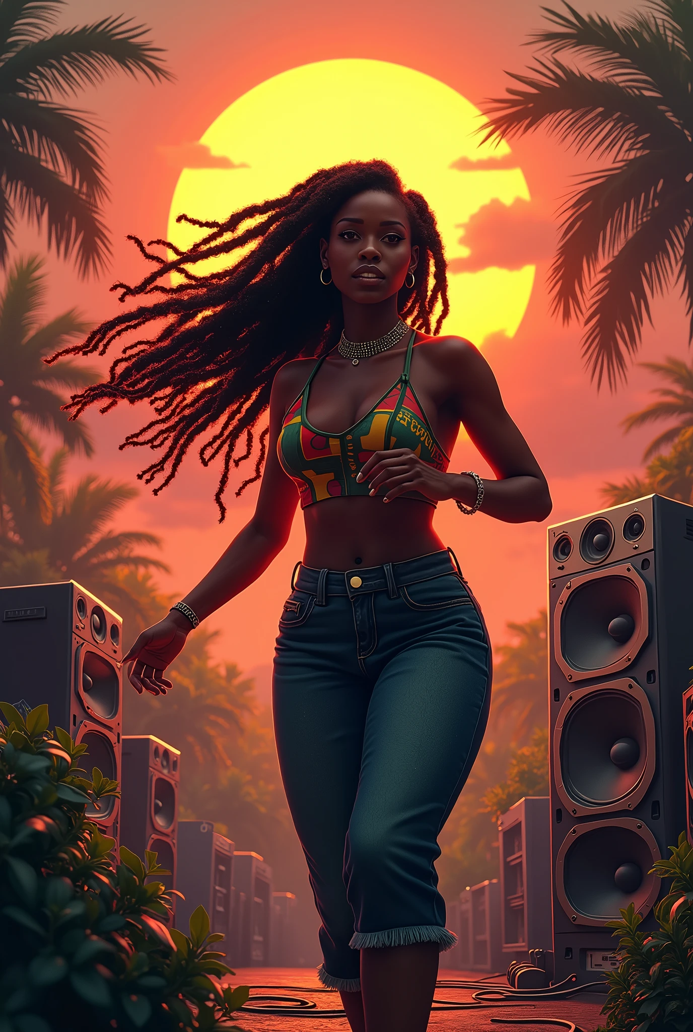 A black jamaican girl with dreadlocks hairs and big breasts dancing in front of a huge sound system speakers during the sunset outdoor tropical vegetation background