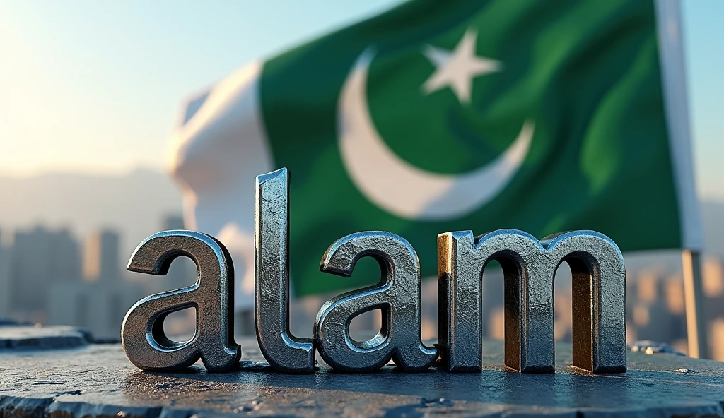 (photorealism:1.2), 3d world written 'ALAM STEEL ' with Pakistan flag 