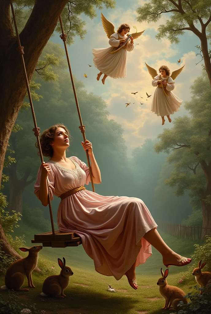Create a Renaissance image of the work The Swing, a woman on a swing in a tree surrounded by animals looking up at the sky with the angels up in the sky playing the violin and saxophone.