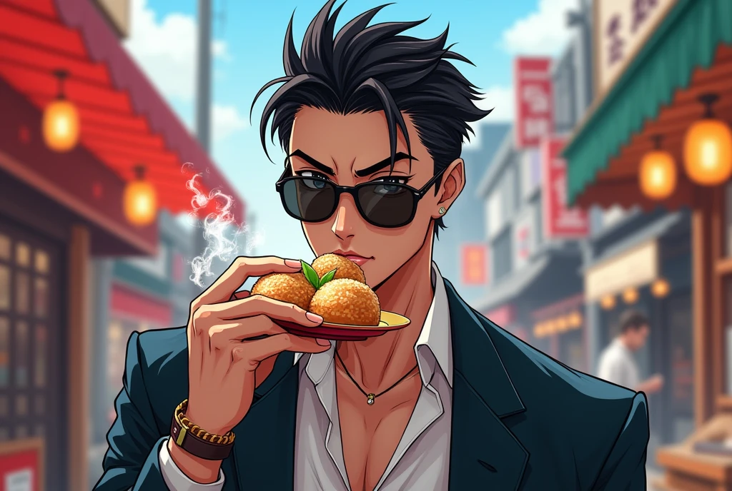 Handsome anime guy with sunglasses eating takoyaki