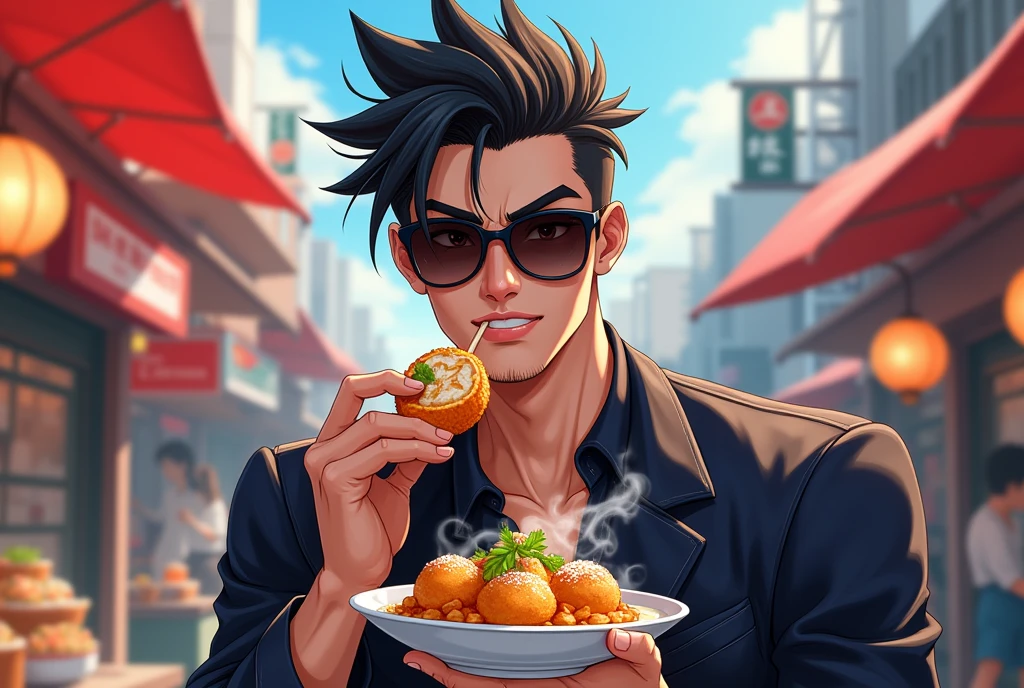 Handsome anime guy with sunglasses eating takoyaki