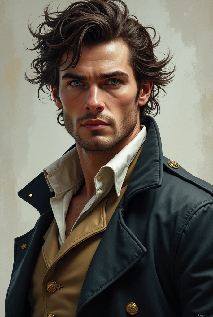 A young 21 year old, stocky man with very dark brown, silly, untamed short hair and ice blue eyes. muscular, but not too much. Dates from the 19th. Century and is the son of a wealthy merchant. He is wild and strives for freedom. He is a young and spontaneous guy. He has light skin and comes from Europe. with clothes.