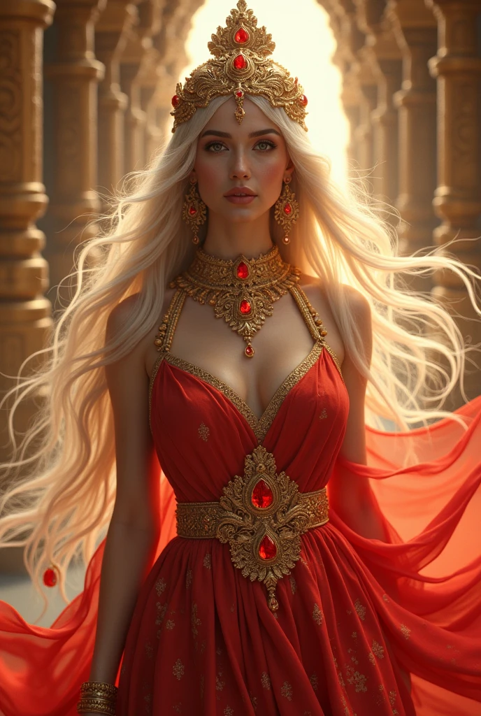 A fair-skinned angel woman with long hair, beautiful, gentle, and sweet, like a rose. Red ancient Indian dress, gold headdress, gold necklace, red diamonds, and an ancient temple heaven background.
