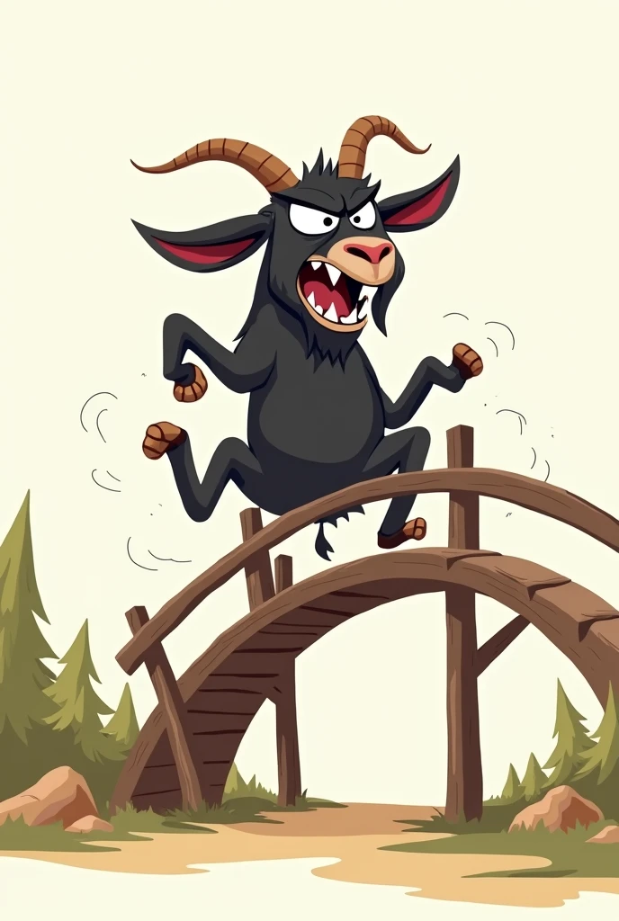Cartoon one black angry goat fall on the bridge