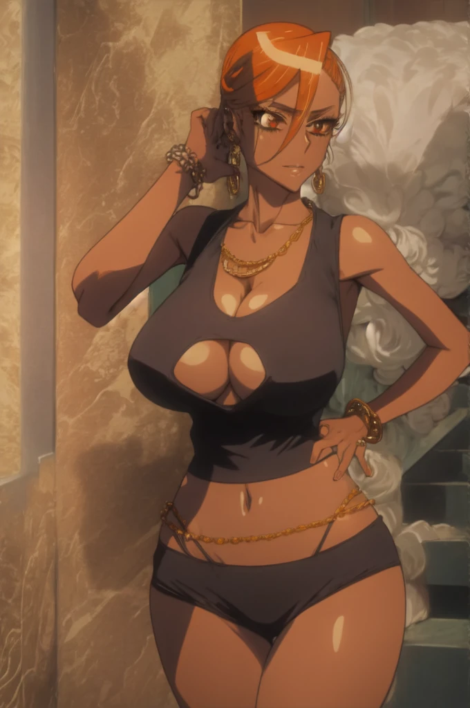tall body, tall, long legs, mature female, mature, adult, eft_hotd_orange, 1girl, solo, ((orange hair)), brown eyes,Big breasts, enormous large breasts, big cleavage, ((tank top with cleavage and open navel)), (Tight lowrise yoga pants),Plump, Half eyes expression, Hoopa earring, ((silver chain tag necklace)), ((big Hoopa bracelet)), Long nail, eyeshadow,Sweat, (earPierce), Rei miyamoto,Perfect face,detailed face,eyes on viewer,Golden ring,Standing,,Gloss lips,Horny,Half eyes open,Soft expression,Wide hips,big hoops Earring,Soft expression,Curvy figure,Many gold rings,gold rings,Tatto, Solo,Wide hips,Swaying hips,Standing pose,Oversize breast,Lipstic,Professional make up,Eyeshadow,Tight tights,Detailed face,untidy apartment room,Detailed hand,fullbody,High quality pitcure,day,enchanced big breast,tight thights,multi layered Gold chain necklace,Light blush,Blacked women,Black colored tattoo,Smile,gaze on viewer,long slicked hair,long Slicked back bang hair,1hand in hips,swaying hips,((In love expression)),((Submissive expression))
