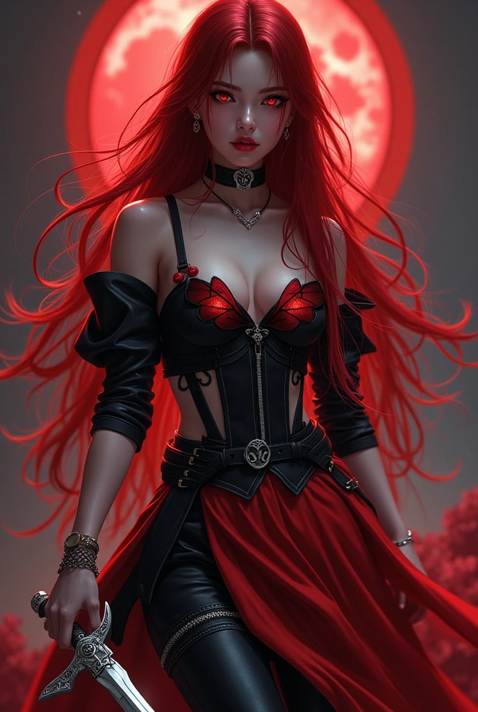 (Masterpiece - Ultra-Detailed, High Resolution) ((vivid red hair)), mature woman, 30 years old, diamond face, red starry sky background, depth of field, magic, big red lips, ((dark and red black eyes)) black and red long and full dress, covered chest, mystical atmosphere, ominous shadows, Intense blue aura, Intense red aura (best quality:1.2), absurdres, intricate details, (highly detailed skin:1.2), smile expression, posing, taut and well defined body, attractive. Highly realistic, pale skin, beautiful, hyperrealism, skin very elaborated, direct gaze, sitting on the ground, backwards, looking back,
