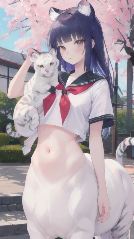 (best quality, masterpiece), 1 girl, centaur, I beg, White skin, Japanese schoolgirl, black pink, exposing the abdomen, belly button t-shirt , beautiful girl perfect, White tiger photo, 완벽한 White tiger photo