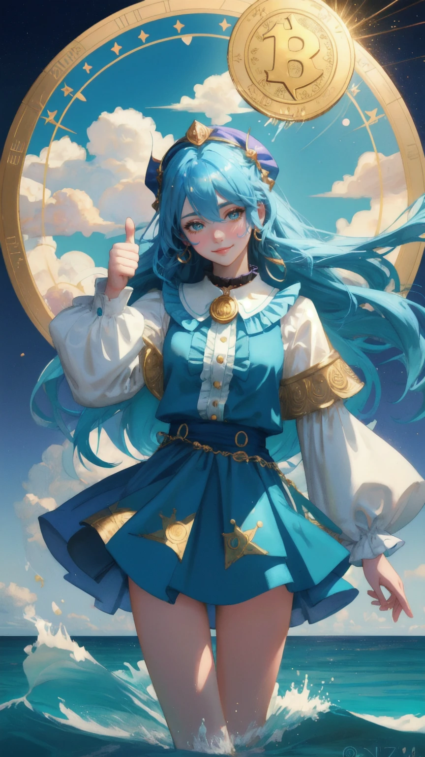 A beautiful, cute anime girl with long blue hair emerging from a large golden coin in the middle of a serene ocean. She's wearing a colorful jester-like outfit with a ruffled collar, giving a thumbs up with one hand. Her expression is confident and mischievous. The coin reads 'NO COIN NO GAIN' around its edge. Water splashes dramatically around the coin, with casino chips floating in the air. The background shows a calm sea with distant green hills and a cloudy sky. The image has a hyper-realistic quality with vibrant colors and sharp details, creating a surreal and magical atmosphere.