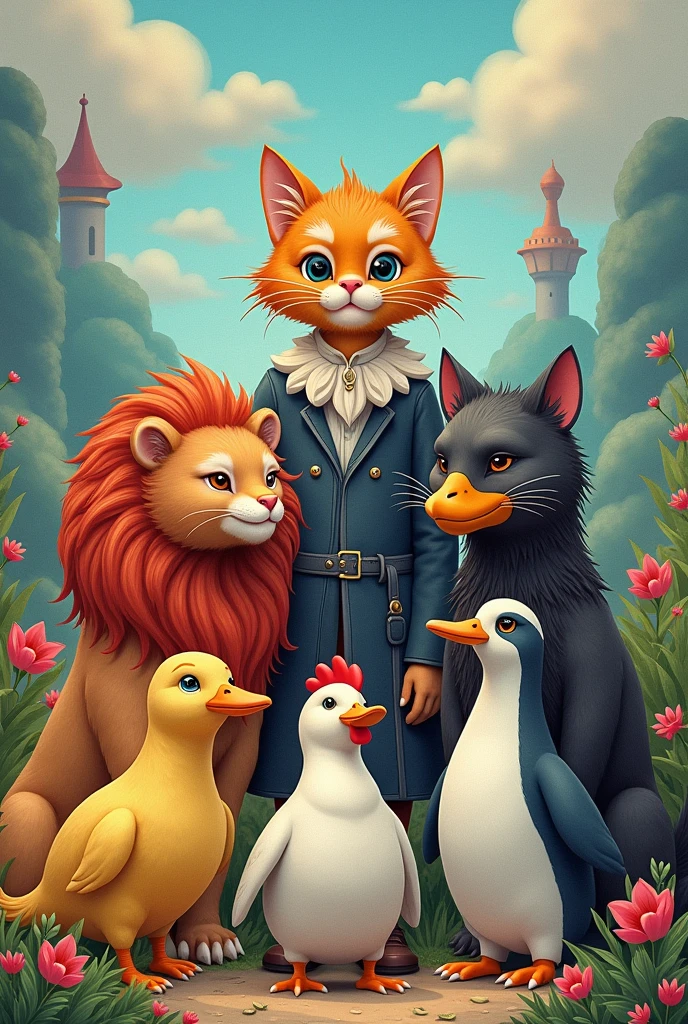 I created a drawing with the following animals: catboy, Lion, galinha, duck and penguin together