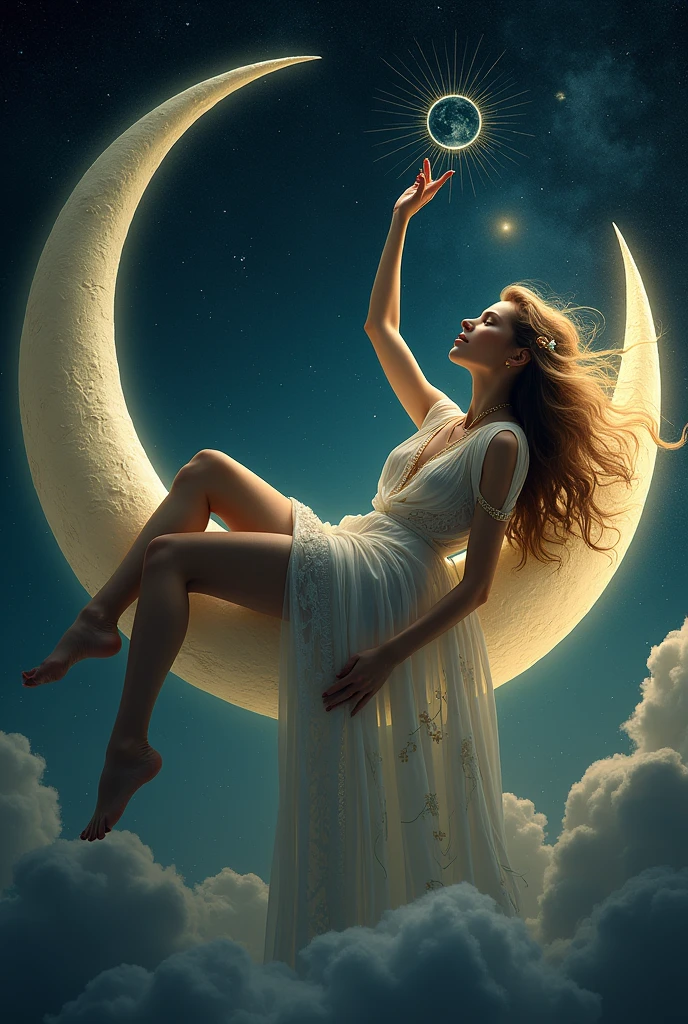 Woman lying in a crescent moon, attractive and mysterious, tenant un soleil dans la main
