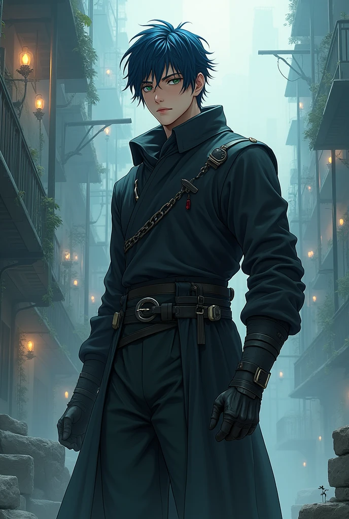 Jin-u solo leveling as half elf 1.99m Green Eyes, very dark blue hair, 25 years old and 82 kg, in good condition Black clothes